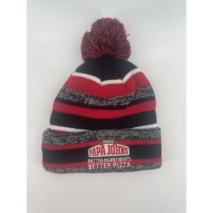 Papa John's Pizza Employee Red Black Gray Striped Beanie With Pom-Pom